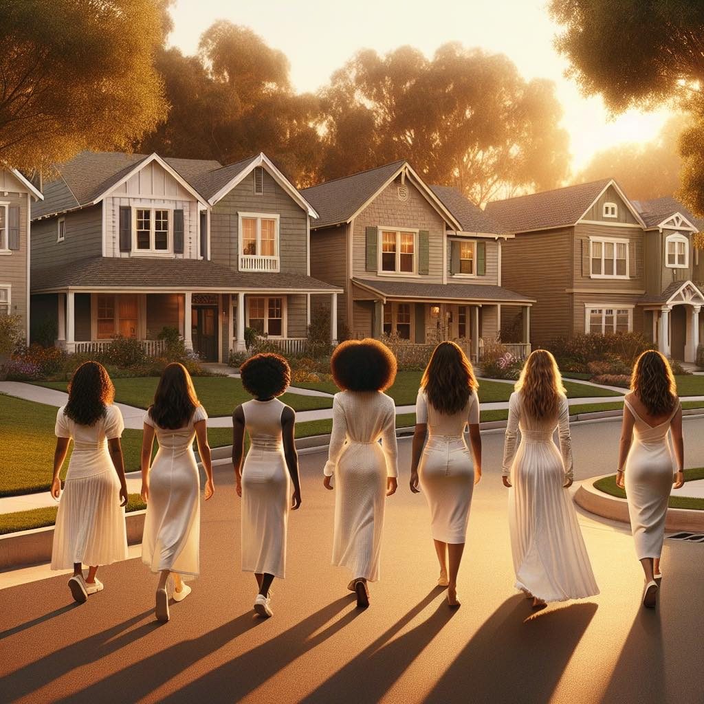 Empowering image of a group of women walking in white dresses through the suburbs symbolising Suburban Goddess. Image sourced from Suburban Goddess Facebook.